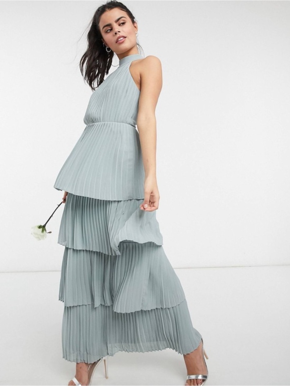 TNFC Pleated Tiered Halter Maxi Dress in Sage Green US 8